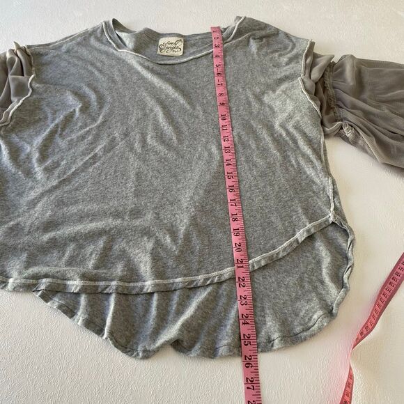Free People XS Gray Knit Top • Mesh Balloon Sleeve Pullover • Boho Slouchy Casua - Picture 6 of 8